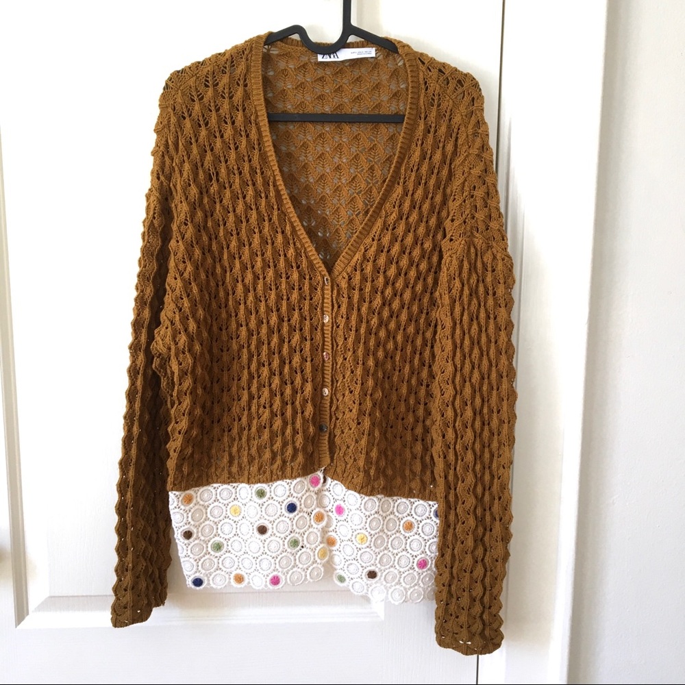 NWOT Zara Dark Mustard Textured Knit Crochet Detail Cardigan Sweater size S